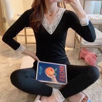保暖内衣女士加绒薄款修紧身韩版v领蕾丝性感秋冬打底秋衣裤套装