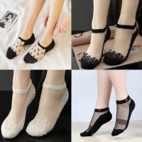 玻璃丝袜子女士水晶丝袜短筒透明蕾丝边袜脚底防滑短袜