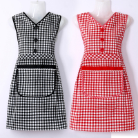 厨房家用纯棉背带围裙女韩版时尚日系格子做饭防油污工作服坎肩女