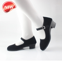 儿童舞蹈黑布鞋民族舞蹈鞋藏族舞蹈考试黑布鞋高跟绒面黑鞋空心跟