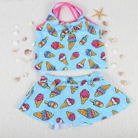 儿童泳装女童可爱印花分体裙式三角裤小童中童大童公主游泳衣厂家