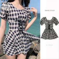 复古半袖收腰显瘦保守温泉度假平角裤连体小清新泳衣女