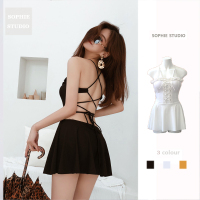 ▲复古显瘦连体设计师款黑色露背绑带小胸小众泳衣女