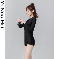 韩版泳衣女黑色连体平角包臀长袖遮肚显瘦保守游泳衣