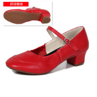 舞蹈鞋女广场舞鞋子真皮软底红色跳舞鞋中跟交谊舞鞋演出广场舞鞋