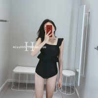 我们-风抹胸飞袖泳衣遮肚显瘦保守大胸小胸三角黑连体泳衣女