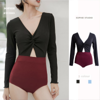 韩国性感长袖保守度假温泉学生少女简约撞色连体泳衣女