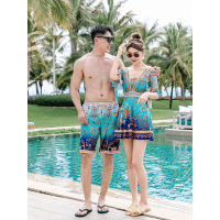 情侣泳衣女新款连体裙式保守显瘦遮肚海边度假男士沙滩裤温泉泳装