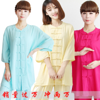 吸汗透气绵绸短袖矮领人造棉太极服女夏太极拳男纯棉绸服装有腰绳