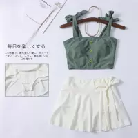 日系少女游泳衣绿色小胸聚拢分体裙式复古遮肚保守泡温泉软妹泳装
