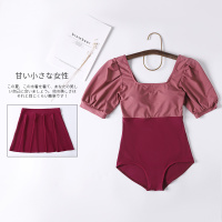 树莓紫日系复古撞色少女连体泳衣短袖显白学生小胸显瘦温泉泳装
