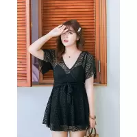 胖妹妹泳衣女宽松大码连体蕾丝带钢圈聚拢遮肚显瘦胖韩版泡温泉
