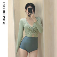 新款性感连体长袖度假泳衣女保守学生少女士显瘦泡温泉泳装