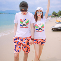 情侣装速干沙滩裤海边度假5分短裤棉印花恤蜜月旅行男女短袖套装
