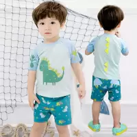 儿童泳衣男童潮平角沙滩泳裤绿色恐龙可宝儿童海边分体游泳衣