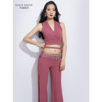 2020新款肚皮舞练功服套装性感挂脖短袖高侧开叉裤子女