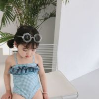 亲子泳装女童女宝宝荷叶花边后背交叉吊带连体游泳泳衣婴儿