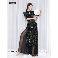 古典舞练功服装女中国风中袖双开叉旗袍印花古风扇子舞逸阔腿裤