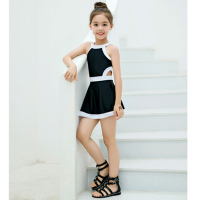 小清新 黑色女童泳衣 童12-15岁 儿童学生平角 裙式连体泳衣