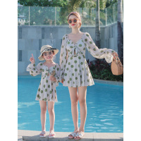 波点亲子泳衣母女保守长袖遮肉儿童分体女童泳装温泉