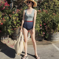 韩国风性感拼色学生温泉游泳衣女保守小胸聚拢遮肚显瘦泳衣女