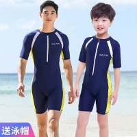 青少年儿童连体平角游泳衣专业训练速干男孩小童学生胖童泳装