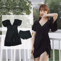 性感领小清新分体泳衣女两件套显瘦遮肚不规则裙式平角少女泳装