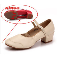 广场舞鞋女中跟真皮四季银色舞鞋中老年人跳舞鞋女软底红色舞蹈鞋I6|米白色两点底 40