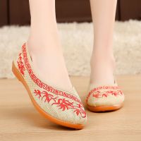 女夏老北京绣花鞋棉麻布鞋民族风妈妈布鞋亚麻女单鞋透气广场舞鞋|牛筋底8662-15米红 39