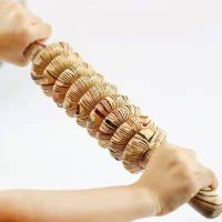 木质条纹带齿花九轮腹部瑜伽按摩棒背部滚压 手动九轮肚皮按摩棒X8