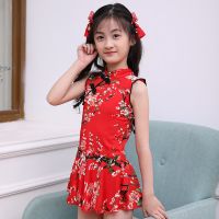 新款中国风旗袍泳装儿童泳衣女 女童学生分体游泳衣套装