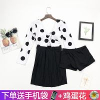 韩国泳衣女裙式连体保守遮肉长袖防晒黑色显瘦高腰性感圆点泳装V9