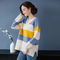 金利鹿V领撞色针织衫女时尚新品潮流