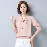 早秋新款针织上衣金利鹿韩版休闲显瘦蝴蝶结女针织衫T恤小香风