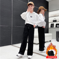 MinanSer女童裤子小女孩洋气甜美阔腿长裤2021新款儿童裤子中大童秋冬加绒加厚工装裤冬季新品