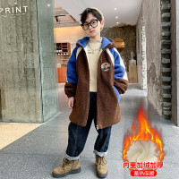 MinanSer童装男童外套2021秋冬新款中长款连帽加绒毛毛衣中大童男孩保暖外套儿童上衣外套3-12岁潮冬季新品