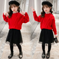 MinanSer女童套装毛衣纱裙时髦装2021秋冬3-15岁女孩加绒毛线衣蓬蓬裙两件套中大童洋气儿童装冬季新品