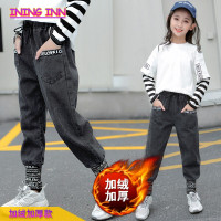 MinanSer童装女童裤子儿童裤子新款秋冬装女童口袋字母束脚牛仔裤洋气宽松休闲中大童秋冬季学生长裤冬季新品