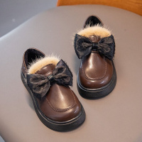 MinanSer童鞋女童皮鞋2021秋冬季新款儿童英伦风加绒蝴蝶结公主皮鞋中大童女孩加绒百搭休闲鞋冬季新品