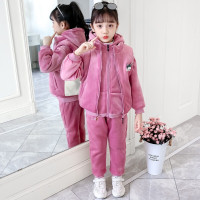 MinanSer女童套装儿童冬装2021新款大童休闲加厚外套马甲休闲长裤三件套小女孩运动套装小学生保暖衣服冬季新品