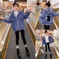 MinanSer童装女童外套儿童连帽小熊牛仔加绒加厚派克服棉衣洋气中大童3-12岁小女孩时尚韩版保暖冬装潮冬季新品