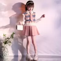 女童春秋装三件套新款洋气儿童春季毛衣马甲时髦衬衫裙子套装