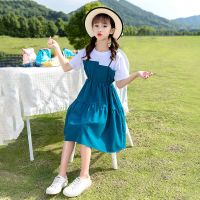 女童新款连衣裙学生夏装假两件中大童短袖女孩韩版拼接超仙公主裙