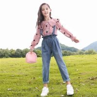 女童牛仔背带裤秋装新款洋气中大童春秋款儿童套装女孩两件套