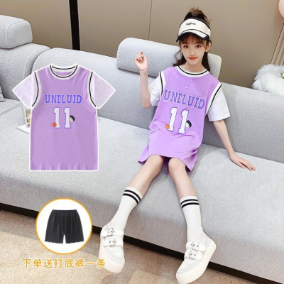 女童假两件运动篮球衣女孩T恤裙短袖外穿洋气韩版儿童中长款上衣9