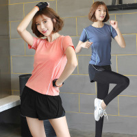 2023新款瑜伽服健身服运动套装女紧身短袖T恤女士休闲上衣假两件短裤