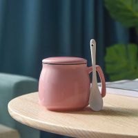粉色亮光 早餐杯单杯无盖勺|陶瓷杯子家用水杯牛奶早餐杯男女喝水茶杯马克杯带盖勺情侣咖啡杯