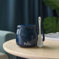 深蓝亮光 早餐杯+瓷盖+专属勺|陶瓷杯子家用水杯牛奶早餐杯男女喝水茶杯马克杯带盖勺情侣咖啡杯