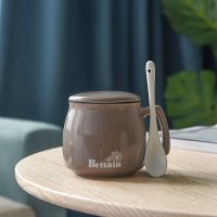 灰色亮光 早餐杯单杯无盖勺|陶瓷杯子家用水杯牛奶早餐杯男女喝水茶杯马克杯带盖勺情侣咖啡杯