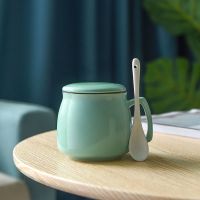 浅绿色亮光 早餐杯+瓷盖+专属勺|陶瓷杯子家用水杯牛奶早餐杯男女喝水茶杯马克杯带盖勺情侣咖啡杯